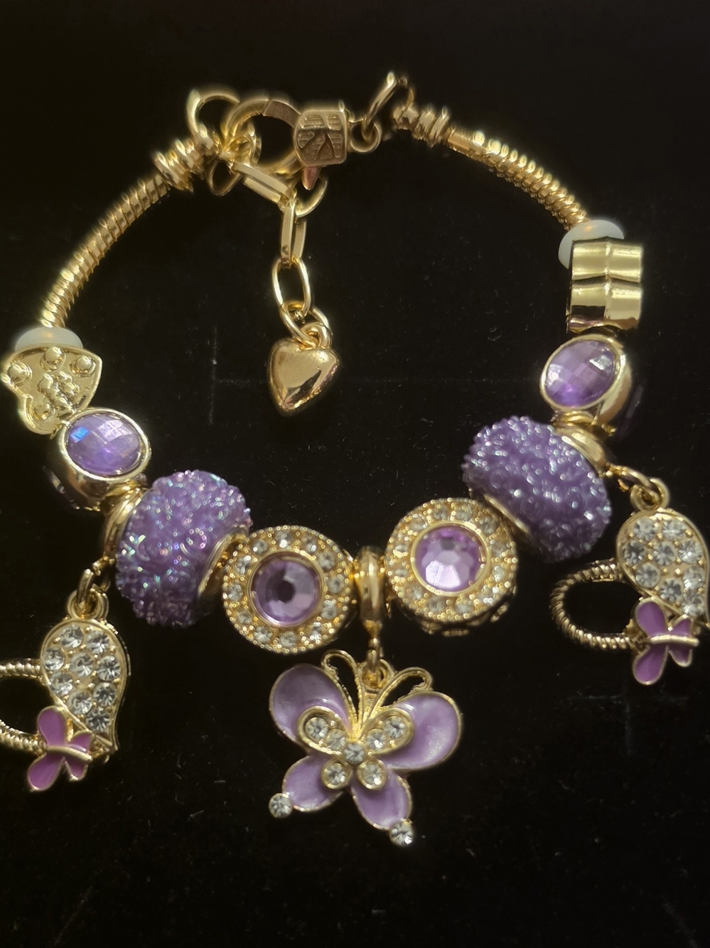 Gold-Tone Purple Crystal Butterfly Charm Bracelet